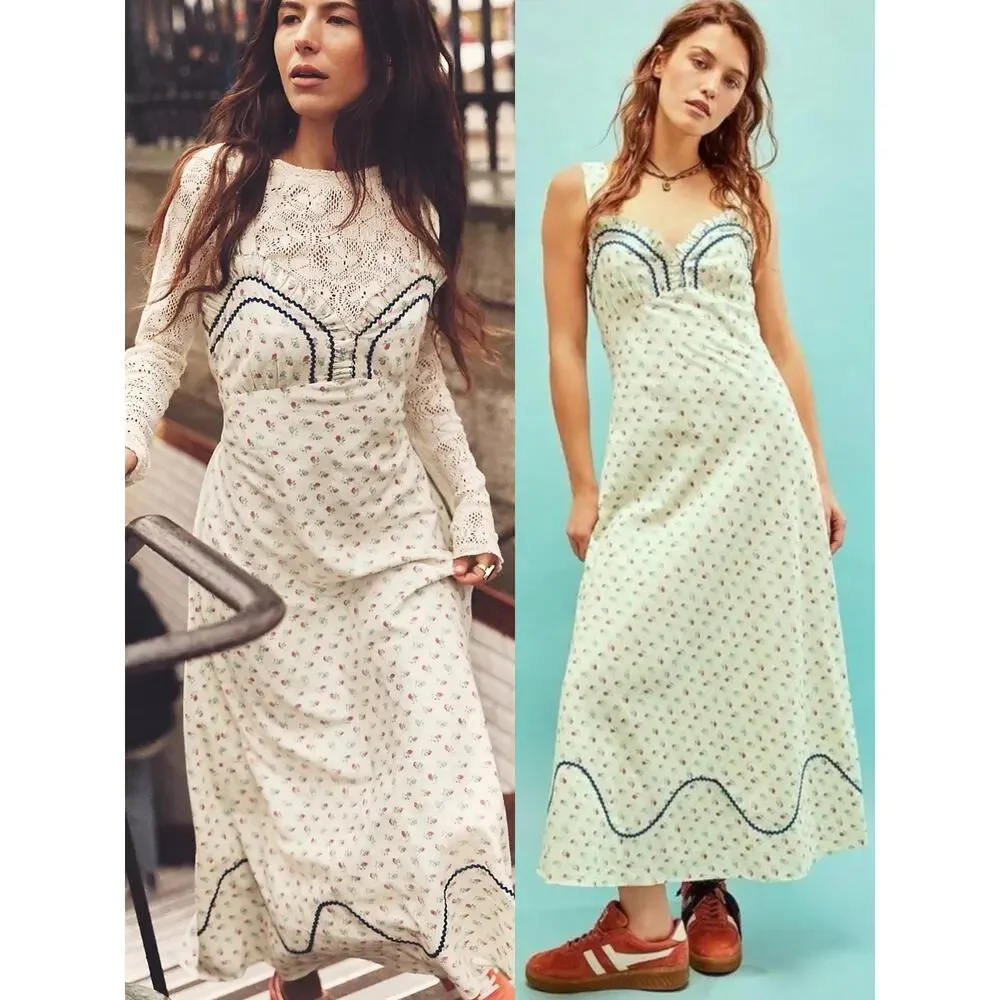 Free People Dainty Western Prairie Sweet Hearts Midi Dress in Ivory Combo Medium